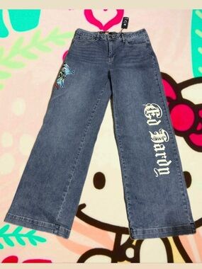 No Brand Blue Graphic Wide-Leg Jeans for Women - 'Go Hard' Print